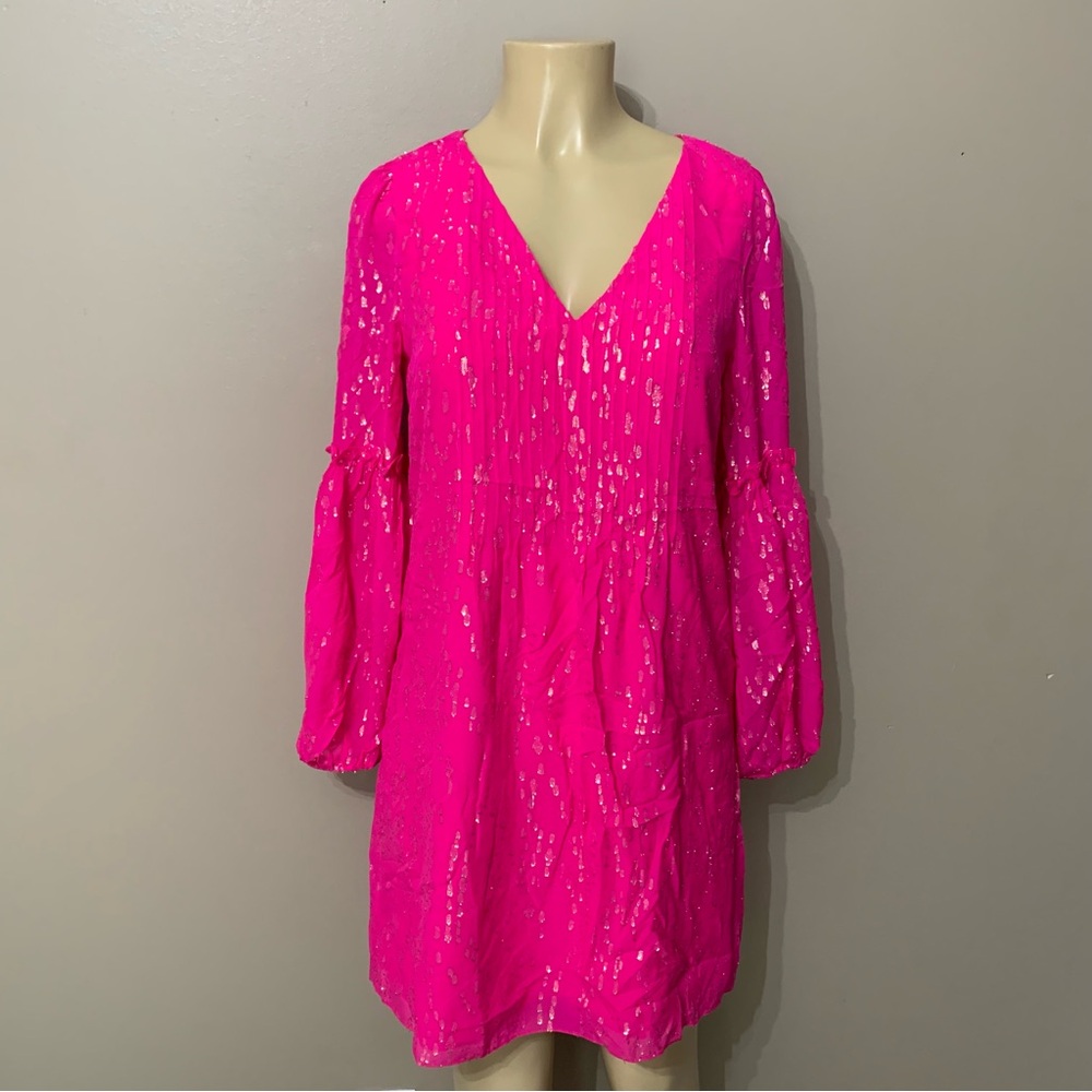 Lilly Pulitzer Cleme Long Sleeve Silk Chiffon Dress Pink Palms $268 Size 4
